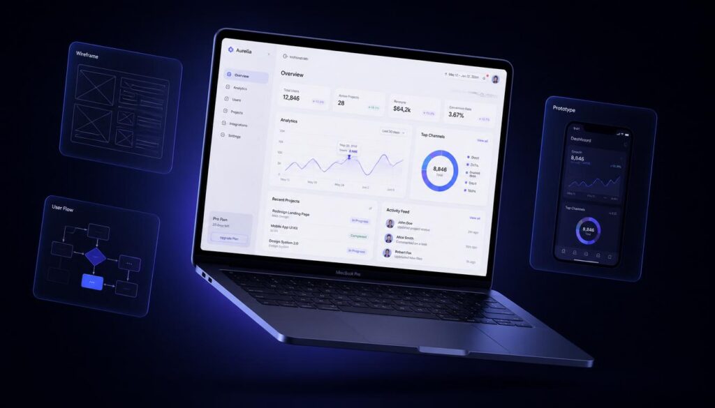 MVP design process — Figma wireframes, user flow diagram, and prototype on MacBook