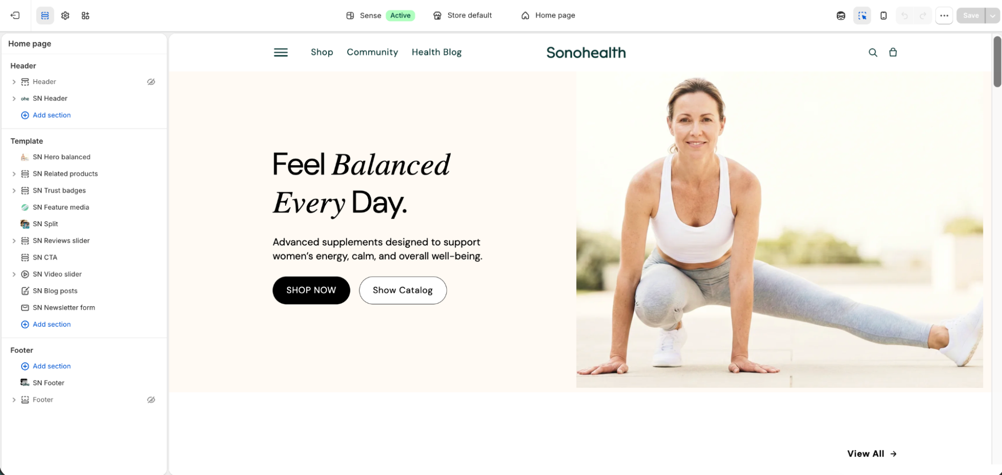 sonohealth new shopify homepage - feel balanced every day hero with women's supplement catalog