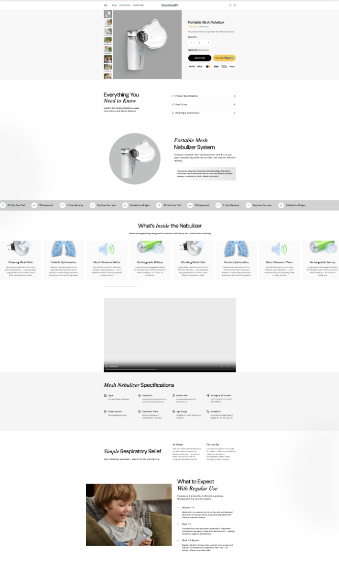 sonohealth nebulizer shopify pdp - video review specifications and what's inside sections