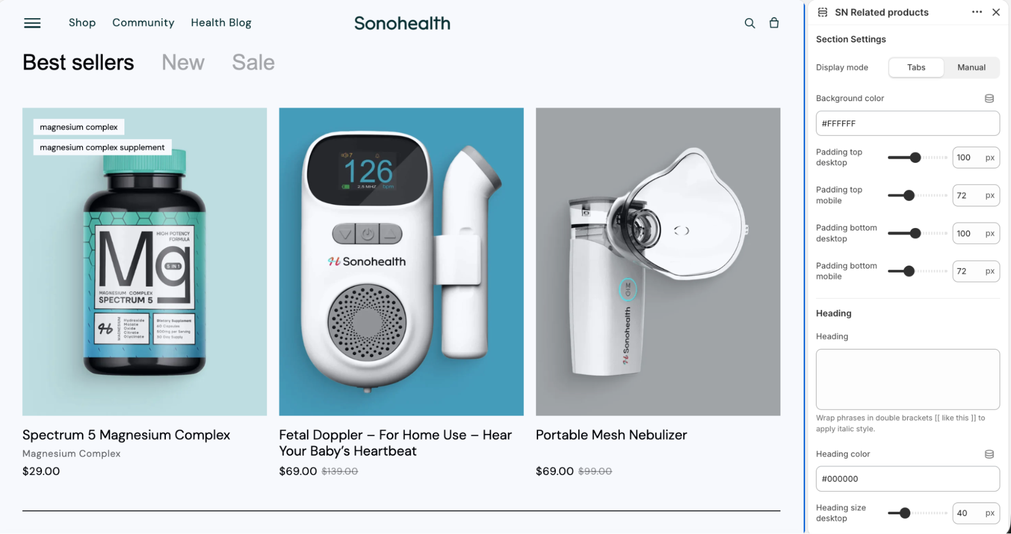 sonohealth shopify best sellers - custom related products section in theme editor
