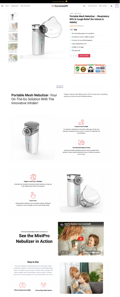 sonohealth portable mesh nebulizer shopify product page - fda-cleared with trust badges
