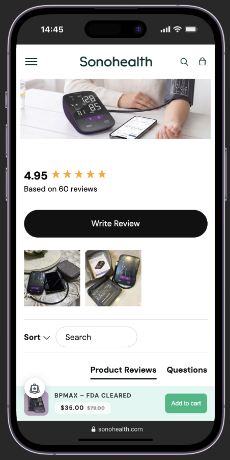 sonohealth bpmax blood pressure monitor - mobile shopify product page with sticky add to cart