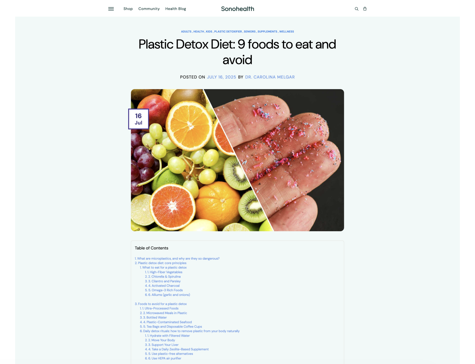 sonohealth shopify health blog - plastic detox diet article with table of contents by dr melgar