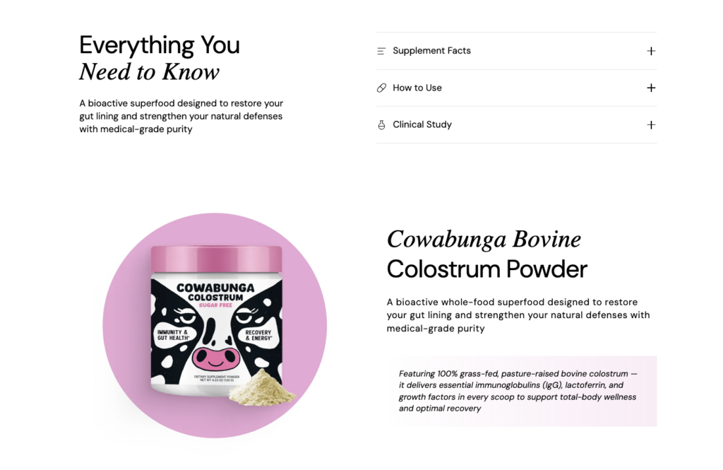 cowabunga bovine colostrum shopify product section - supplement facts how to use and clinical study