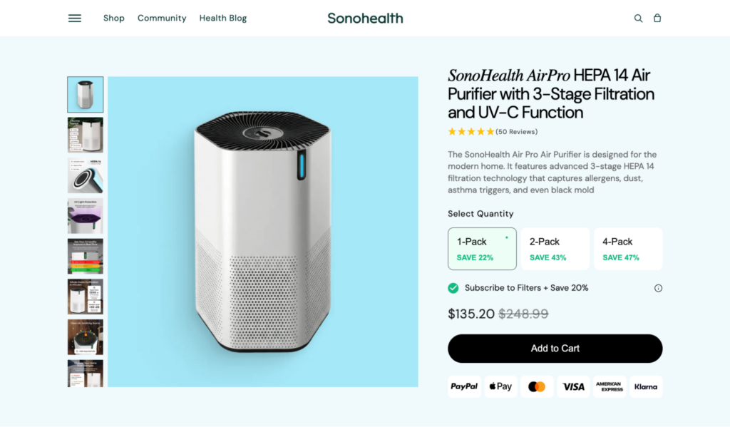 sonohealth airpro hepa 14 air purifier shopify page - quantity bundles and uv-c filtration
