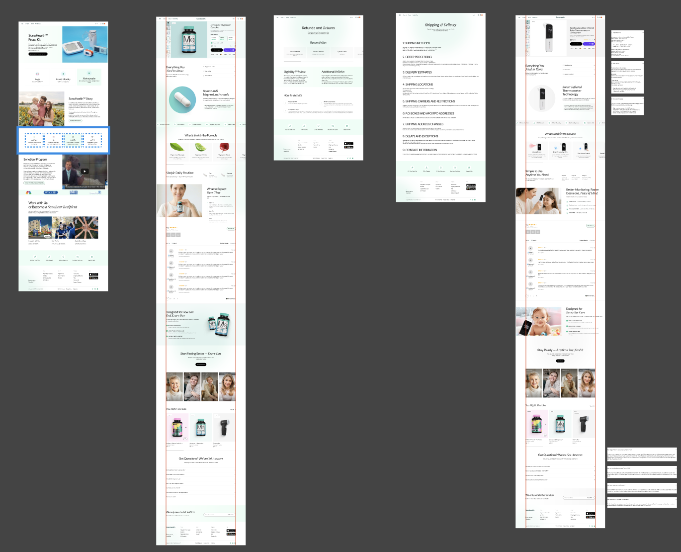 sonohealth shopify store pages - press kit pdp returns shipping and thermometer product pages