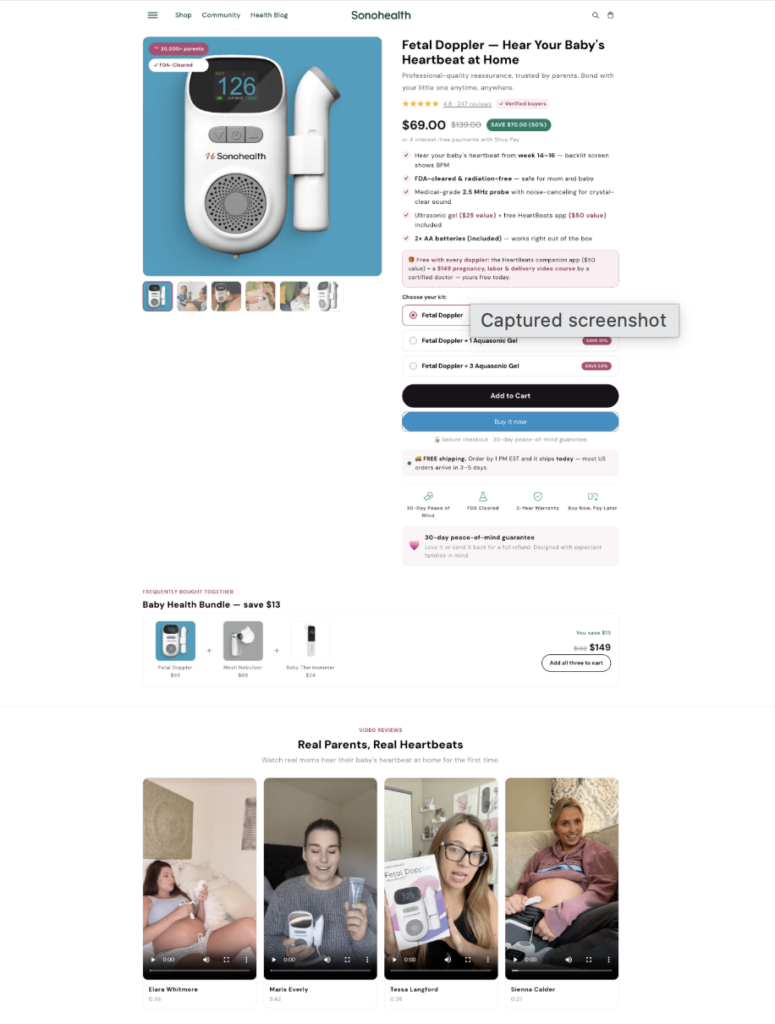 sonohealth fetal doppler shopify pdp - bundle upsell frequently bought together and ugc reviews